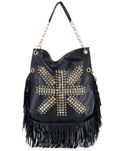 Studded Union Jack Design Fringed Hobo Handbag BCA-0044 BLACK